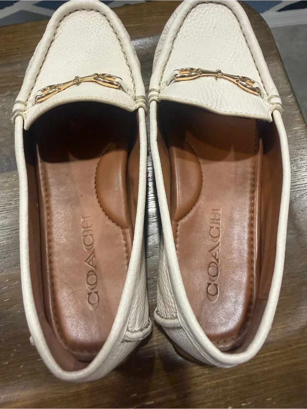 Coach Cream Leather Horsebit Loafers with Gold Hardware